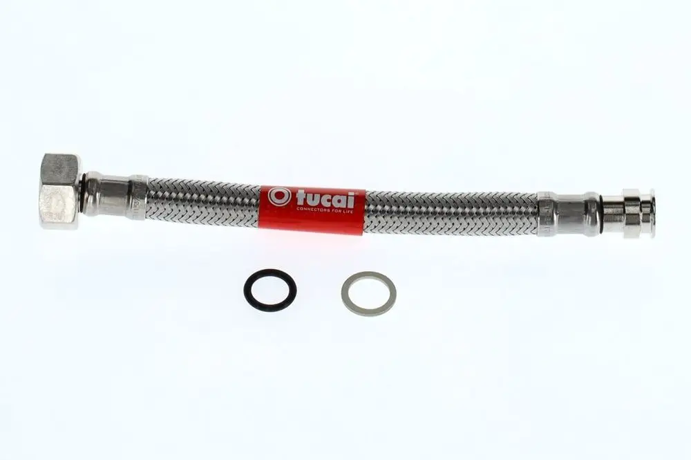 Edelstahlrohr von Bosch mit zwei O-Ringen in schwarz und grau, geeignet für Verbindungen in hydraulischen Systemen.